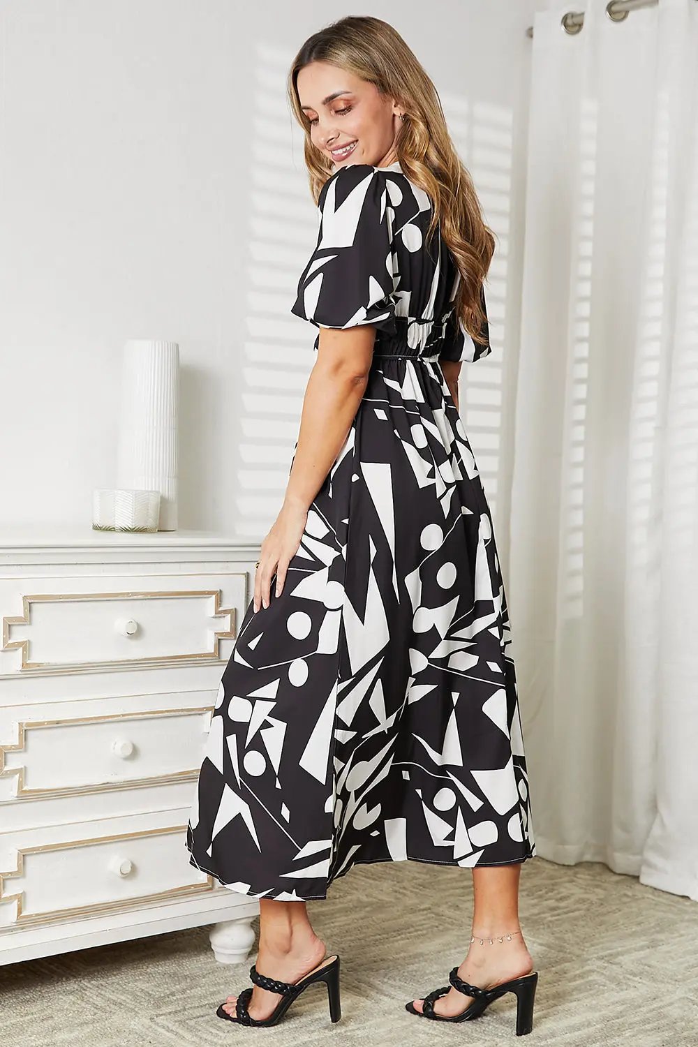 Double Take Printed Surplice Balloon Sleeve Dress - Love Salve